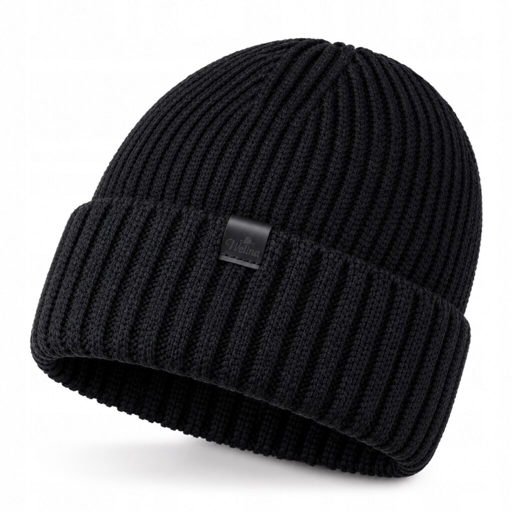 Czapka wełniana 100% Merino Wellna Raven Męska Czarna Wełna Premium
