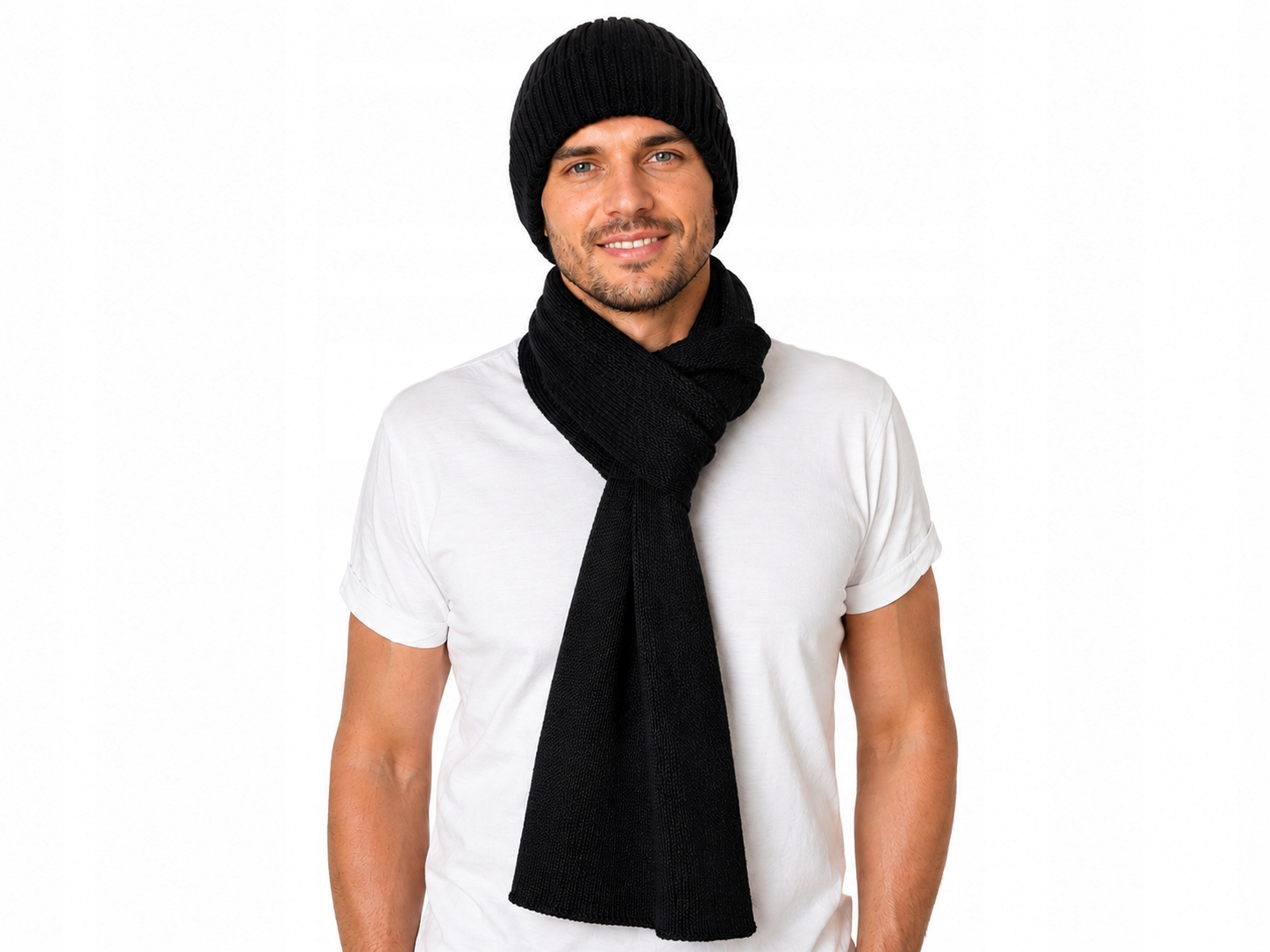 Zestaw Czapka Szalik wełniany 100% Merino Wellna Raven Męska Czarna Premium