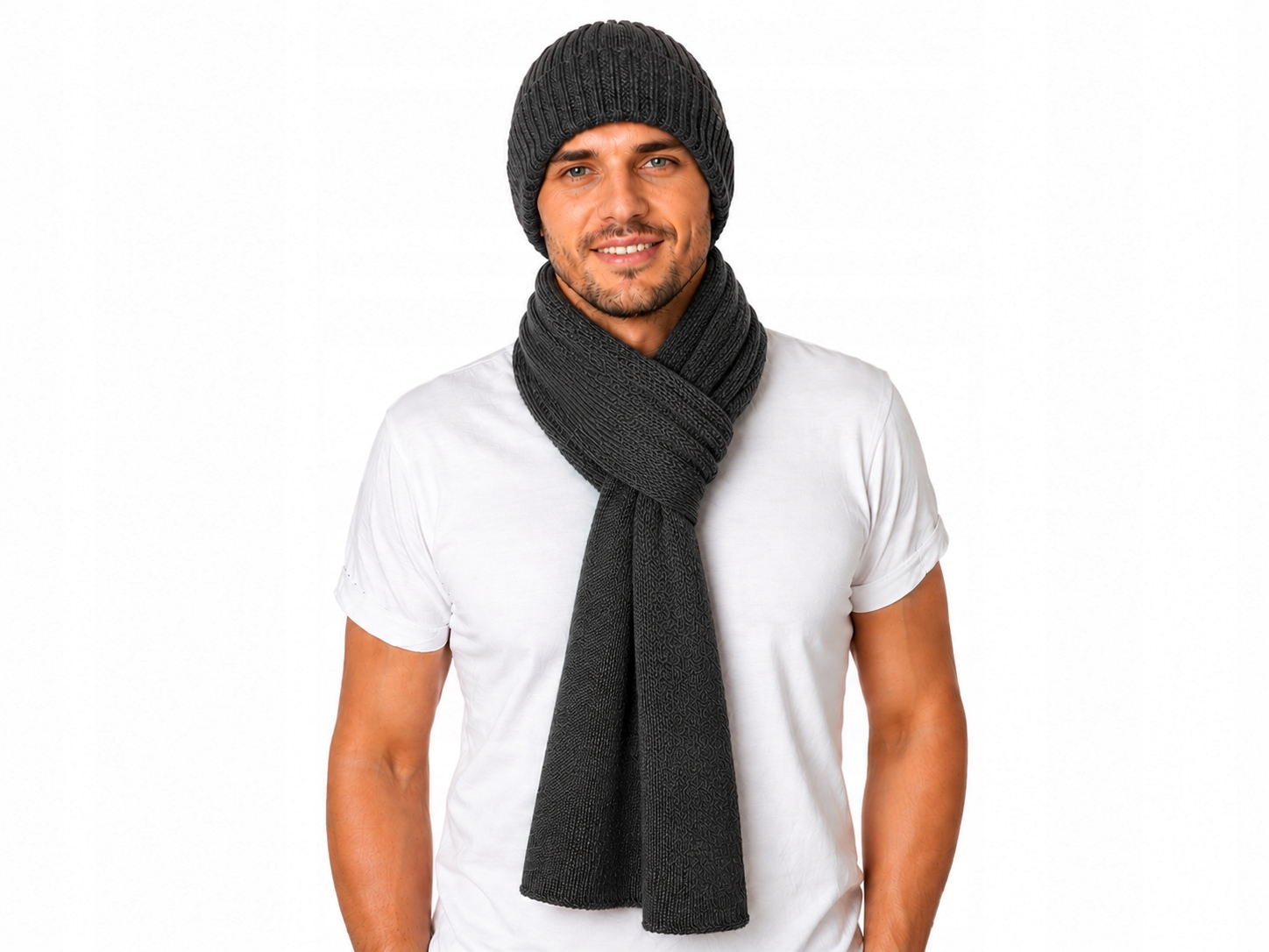 Zestaw Czapka Szalik z wełny 100% Merino Wellna Glacier Męski Szary Premium